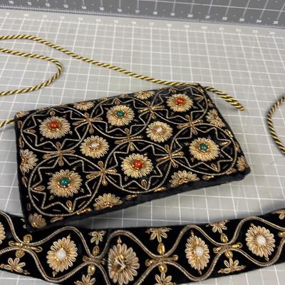 Embroidered Gold Thread Clutch and Belt 