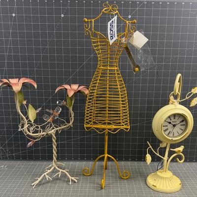 3 Pieces of Decorative Iron; Clock, Jewelry Tree, Candle Stick