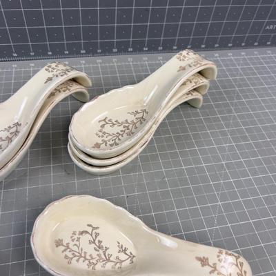 8 Spoon Rests All Off White with Brown Leaf Design 