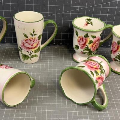 6 Rose Mugs, 2 Styles, NEW 