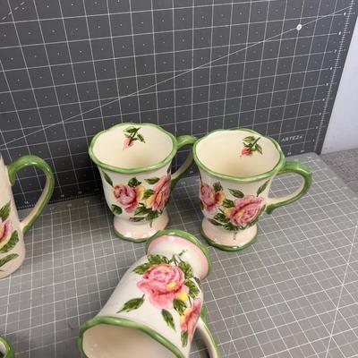 6 Rose Mugs, 2 Styles, NEW 