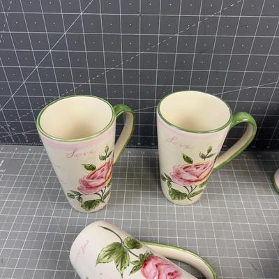 6 Rose Mugs, 2 Styles, NEW 