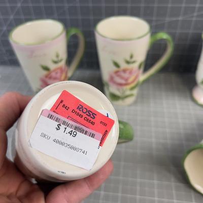 6 Rose Mugs, 2 Styles, NEW 