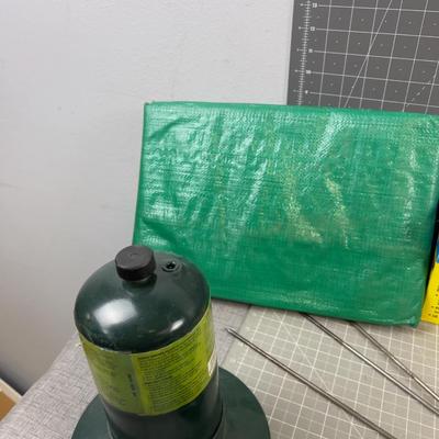 Mixed Lot of Camping Items; Tarp, Air Pump, Propane