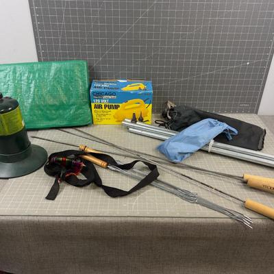 Mixed Lot of Camping Items; Tarp, Air Pump, Propane