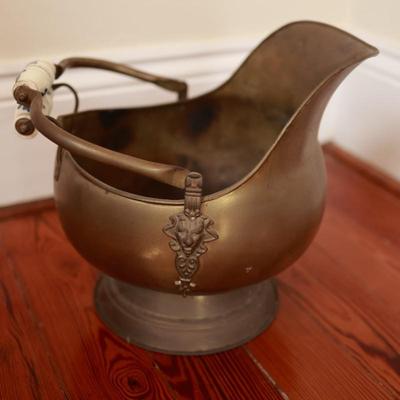 Metal Brass Coal Bucket with Ceramic Blue Handle