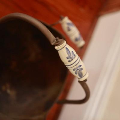 Metal Brass Coal Bucket with Ceramic Blue Handle