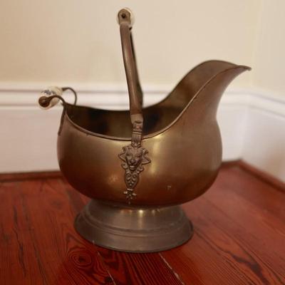 Metal Brass Coal Bucket with Ceramic Blue Handle
