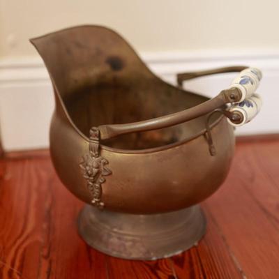 Metal Brass Coal Bucket with Ceramic Blue Handle