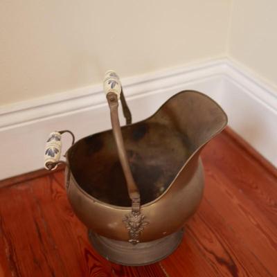 Metal Brass Coal Bucket with Ceramic Blue Handle