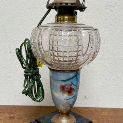 Sale Photo Thumbnail #351: Approx. 14" tall. Tested, works as expected. Antique Electrified Oil Lamp - Asian Inspired - Cast Iron Base - Oil Burning Lamp - Early 1900s - Victorian Lamp - Hurricane Lamp.