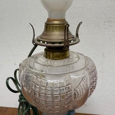 Sale Photo Thumbnail #352: Approx. 14" tall. Tested, works as expected. Antique Electrified Oil Lamp - Asian Inspired - Cast Iron Base - Oil Burning Lamp - Early 1900s - Victorian Lamp - Hurricane Lamp.