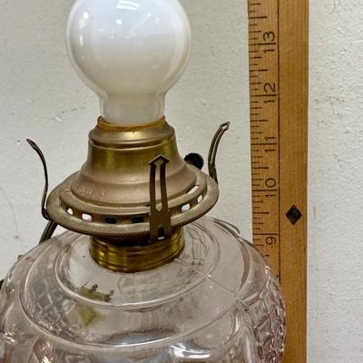 Sale Photo Thumbnail #354: Approx. 14" tall. Tested, works as expected. Antique Electrified Oil Lamp - Asian Inspired - Cast Iron Base - Oil Burning Lamp - Early 1900s - Victorian Lamp - Hurricane Lamp.