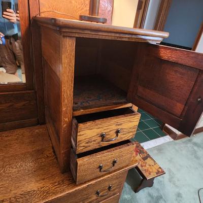 Antique Oak Victorian Side by Side Dresser w Beveled Mirror 44x21x77