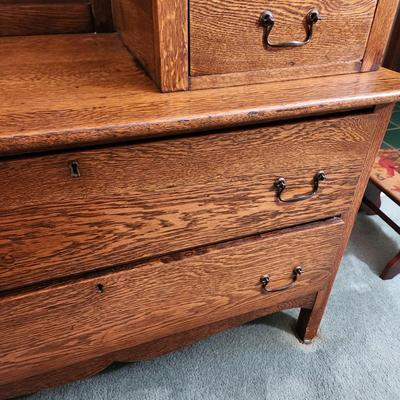 Antique Oak Victorian Side by Side Dresser w Beveled Mirror 44x21x77