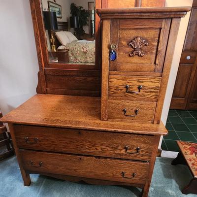 Antique Oak Victorian Side by Side Dresser w Beveled Mirror 44x21x77