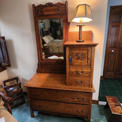 Antique Oak Victorian Side by Side Dresser w Beveled Mirror 44x21x77