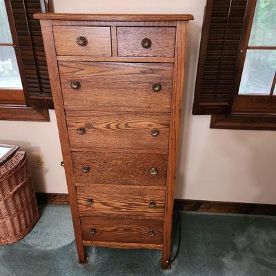 Vintage Solid Oak Narrow 2 over 5 Chest of Drawers 22x19x51