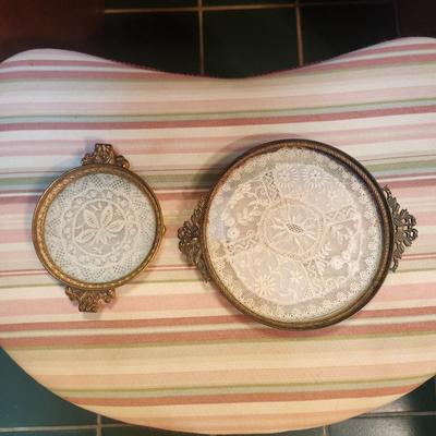 Lot of 4 Antique Brass & Glass w Lace Vanity Trays Apollo 2695 , E & J.B.