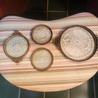 Lot of 4 Antique Brass & Glass w Lace Vanity Trays Apollo 2695 , E & J.B.
