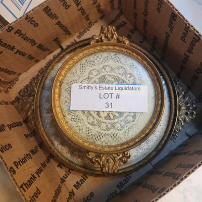 Lot of 4 Antique Brass & Glass w Lace Vanity Trays Apollo 2695 , E & J.B.