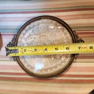 Lot of 4 Antique Brass & Glass w Lace Vanity Trays Apollo 2695 , E & J.B.