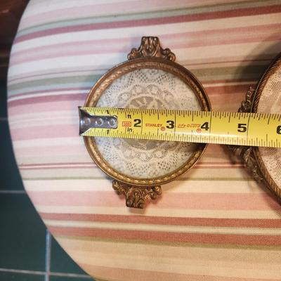 Lot of 4 Antique Brass & Glass w Lace Vanity Trays Apollo 2695 , E & J.B.