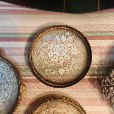 Lot of 4 Antique Brass & Glass w Lace Vanity Trays Apollo 2695 , E & J.B.