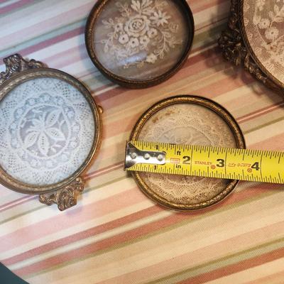 Lot of 4 Antique Brass & Glass w Lace Vanity Trays Apollo 2695 , E & J.B.