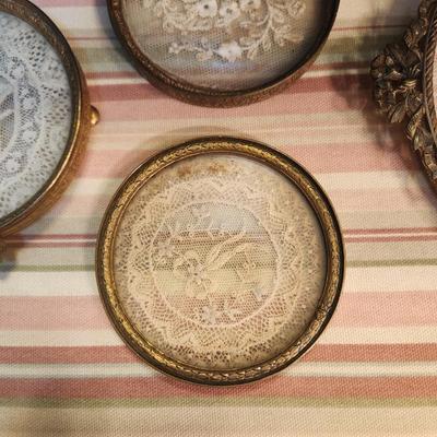 Lot of 4 Antique Brass & Glass w Lace Vanity Trays Apollo 2695 , E & J.B.