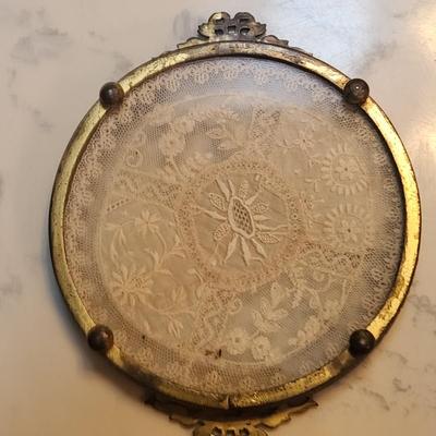 Lot of 4 Antique Brass & Glass w Lace Vanity Trays Apollo 2695 , E & J.B.