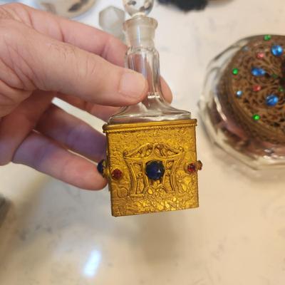 Lot of 5 Vintage Jeweled Vanity Powder Trinket holder Perfume Caddy