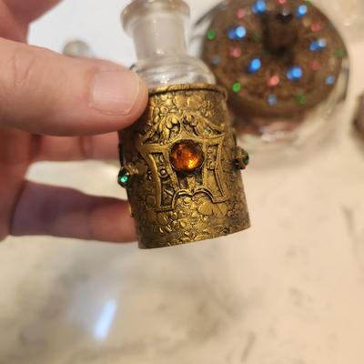 Lot of 5 Vintage Jeweled Vanity Powder Trinket holder Perfume Caddy