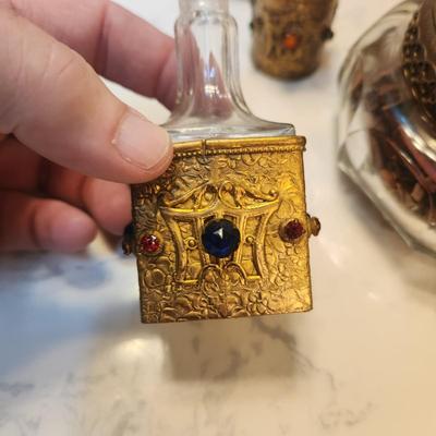 Lot of 5 Vintage Jeweled Vanity Powder Trinket holder Perfume Caddy
