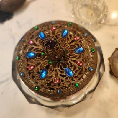 Lot of 5 Vintage Jeweled Vanity Powder Trinket holder Perfume Caddy