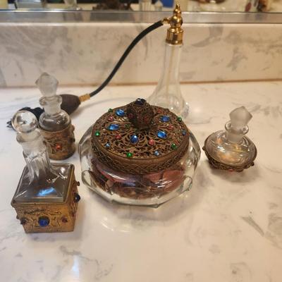 Lot of 5 Vintage Jeweled Vanity Powder Trinket holder Perfume Caddy