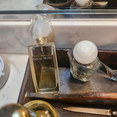 Vintage Wood Tray with Perfume Bottles Hanae Mori Ralph lauren Romance