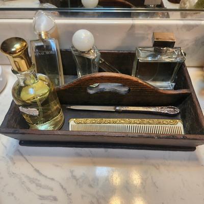 Vintage Wood Tray with Perfume Bottles Hanae Mori Ralph lauren Romance