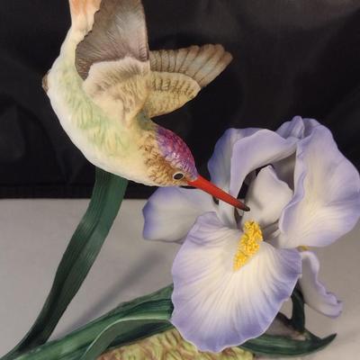 Maruri USA 'Violet Crowned Hummingbird with Iris' Porcelain and Bronze Figurine- Approx 6" Tall