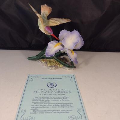 Maruri USA 'Violet Crowned Hummingbird with Iris' Porcelain and Bronze Figurine- Approx 6" Tall