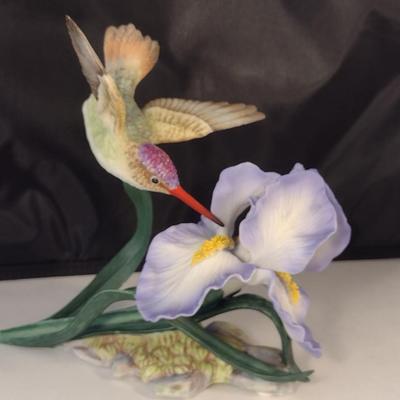 Maruri USA 'Violet Crowned Hummingbird with Iris' Porcelain and Bronze Figurine- Approx 6" Tall