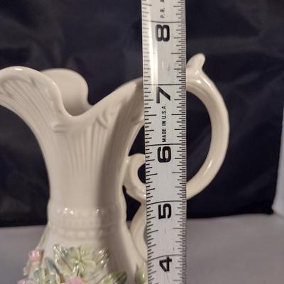 Belleek Irish Parian China Pitcher with Applied Rose Design- Approx 7 1/2" Tall
