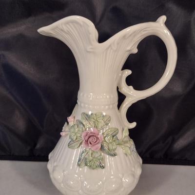 Belleek Irish Parian China Pitcher with Applied Rose Design- Approx 7 1/2" Tall