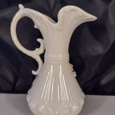 Belleek Irish Parian China Pitcher with Applied Rose Design- Approx 7 1/2" Tall