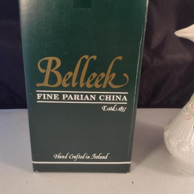 Belleek Irish Parian China Pitcher with Applied Rose Design- Approx 7 1/2" Tall