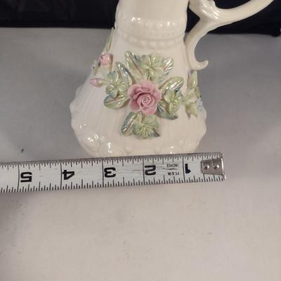 Belleek Irish Parian China Pitcher with Applied Rose Design- Approx 7 1/2" Tall