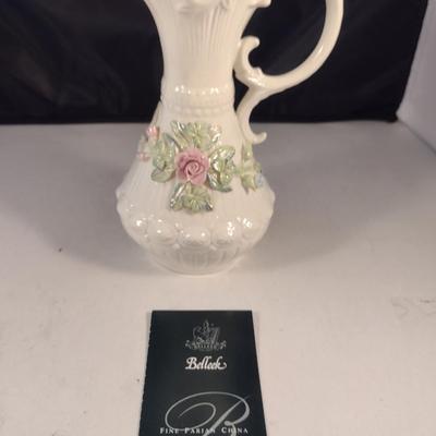 Belleek Irish Parian China Pitcher with Applied Rose Design- Approx 7 1/2" Tall