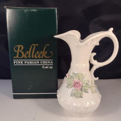 Belleek Irish Parian China Pitcher with Applied Rose Design- Approx 7 1/2" Tall