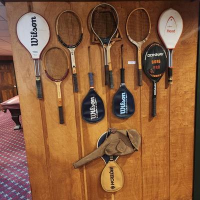 Wall of Vintage Tennis Racquetball Rackets