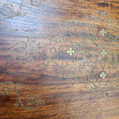 Antique Wood Serving Tray w Metal Inlay Design